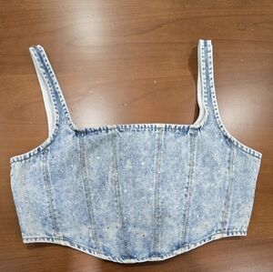 A Father’s Love Rhinestone Denim Corset Crop Top | Acid Wash | Small
